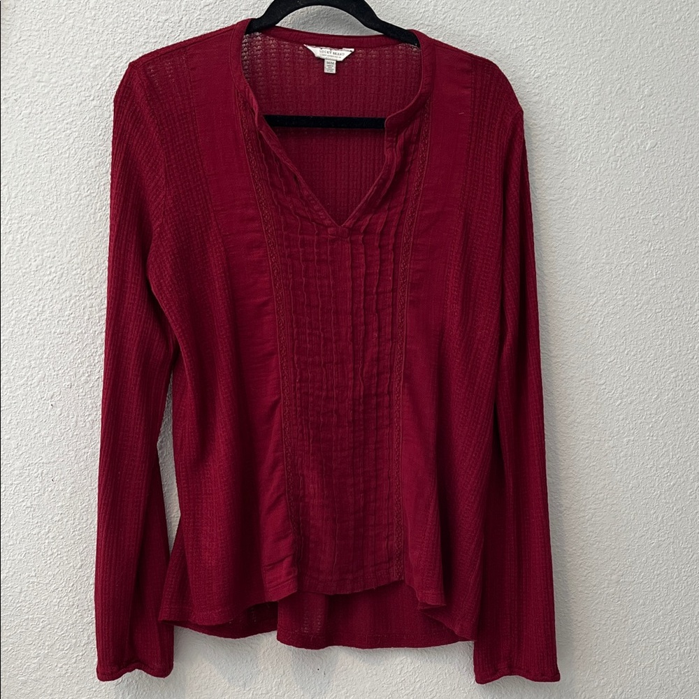 Lucky Brand Deep Red Blouse
V-neck long sleeved 
Tucks and lace front panel
Sz M